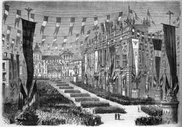 Italiensk forening, Torino, 2. april 1860: utsmykning av slottsplassen (Piazza Castello) i anledning åpningen av det italienske parlamentet. Gravering i "" Le Monde Illustré"" nr. 157 av 14. april 1860.