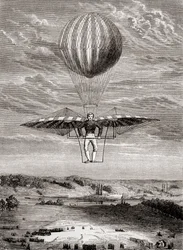 Jacob Degens ornitopter fra 1808 med klaffventiler, der piloten sto på en stiv ramme og bearbeidet vingene med en bevegelig horisontal stang, fra #39;Les Merveilles de la Science#39;, utgitt ca. 1870 (lito)