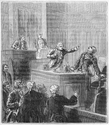 James Price (1752-1783) poisoned himself (Prussic acid) during the assembly of the Royal Society. Engraving in “” Sciences made available to all - physics and chemistry”” by Alexis Clerc - End of 19th century. Private collection.