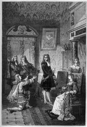 James Scott (James Crofts, James Fitzroy), hertugen av Monmouth og Buccleuch (1649-1685) ber for sitt liv før James II (Jacques Stuart