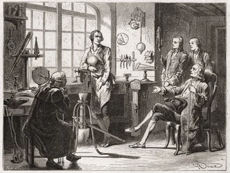 James Watt (oppfinner av dampmaskinen i 1769) i sin Glascow-butikk - i "" Album of Science; berømte vitenskapsmenn; Store funn""" 1896.