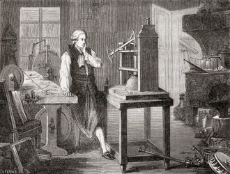 James Watt i sitt verksted i Glasgow forbedrer Thomas Newcomens 1712 Newcomen-dampmaskin med sin Watt-dampmaskin i 1781, fra Les Merveilles de la Science, pub.1870.
