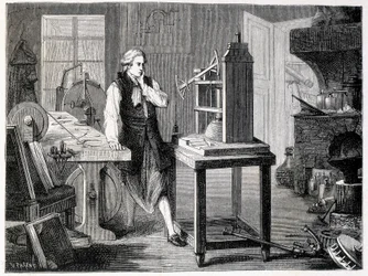 James Watt studerer perfeksjonen av Newcomens maskin (1767) - i "" Album of Science; berømte lærde; Store funn”” 1896.