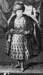 Jean-Baptiste Tavernier, trykk laget av J.B. Scotin, frontispice til The Six Voyages of Jean-Baptiste Tavernier av Jean-Baptiste Tavernier, utgitt 1713