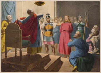 Jesus Kristus før Kaifas, illustrasjon fra en katekisme LHistoire Sainte, utgitt av Charles Delagrave, Paris, sent på 1800-tallet