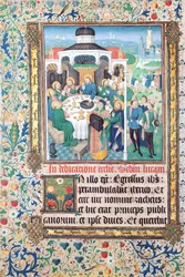 Jesus spiser i huset til tolleren, Sakkeus og inntoget i Jerusalem, miniatyrer fra Lukasevangeliet
