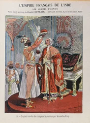 Joseph Francois Dupleix (1697-1763) mottar det keiserlige insignien fra en indisk hersker, omslag til skoleoppgavebok ca. 1900