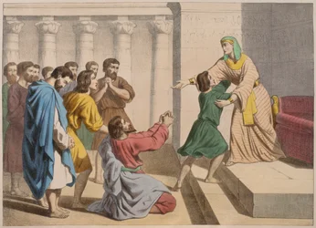 Joseph allows himself to be recognised by his brothers, illustration from a catechism LHistoire Sainte, published by Charles Delagrave, Paris, late 19th century 