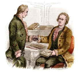 Joseph de Maistre (1753-1821), fransk politiker, forfatter og filosof, og grev Xavier de Maistre (1763-1852), fransk offiser og forfatter med det første eksemplaret av "Reisen rundt rommet mitt". Skogtegning. Gravering fra 1852.