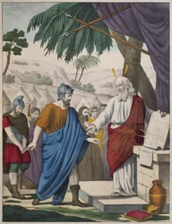 Joshua utnevnt av Moses til hans etterfølger, illustrasjon fra en katekisme LHistoire Sainte, utgitt av Charles Delagrave, Paris, sent på 1800-tallet