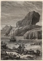 Kerguelen Islands. Illustration for The Great Navigators of the Eighteenth Century by Jules Verne - James Cook aux Iles de Kerguelen en 1776 (archipelago of Kerguelen or Iles de la Desolation) - in “The Voyageurs of the 18th and 19th Century - illustration
