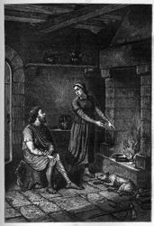“ Kong Alfred den Store (849-899) glemmer kakene tilberedt av det danske huset under taket hennes i Athelney, og brenner dem, 878 (gravering)
