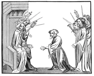 Kong Charlemagne (742-814) mottar troskapseden og hyllest fra en av sine feudatorier eller høybaroner, fra en miniatyr i cameo av Chronicles of St. Denis