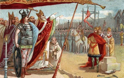 Kong Dagobert I (605-639), merovingerkongen av frankerne, 629 til 634 legger den første steinen til basilikaen Saint Denis (Saint Denis) i nærvær av Saint Eloi. Kromolitografi fra slutten av 1800-tallet.