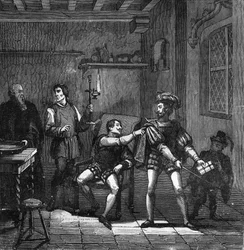 Kong Francois I (1494-1547) og Charles Brandon, hertugen av Suffolk fikk i oppdrag å gifte seg med Mary Tudor (Mary av England) oppdratt med utskeielsene ved hoffet. gravering i «Historie om prostitusjon og utskeielser blant alle verdens folkeslag fra anti