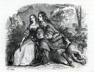 Kong Louis XIV (1638-1715) og hans elskerinne Louise de La Valliere (1644-1710) - (gravering) 1846