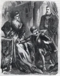 King Philip II (1527-1598) surprises his son, Prince Don Carlos (1545-1568), trying to violate his mother-in-law (stepmother), Queen Elisabeth (1545-1568) (Elisabeth of France or Isabelle of Valois), January 17