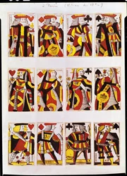 King, Queen og Jack spillekort (farget tregravering)