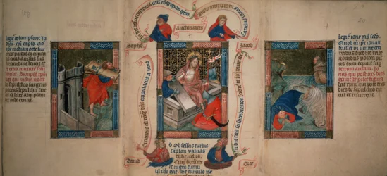 Kongebok 5 f.20 Oppstandelsen, Samson bryter ned Gazas porter, Jona rømmer fra hvalen, fra Biblia Pauperum, tidlig på 1400-tallet (vellum)