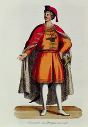 Ridder av den ungarske drageordenen veltet, illustrasjon fra Histoire et Costumes des Ordres Monastiques av Pierre Helyot (1660-1716), 1842