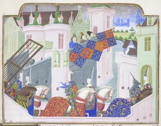 Riddere og damer rir ut til en turnering i London, fra Froissarts Chronicle, sent på 1400-tallet (vellum)