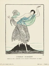 Sølvfuglen. Aftenkjole, bestående av et skjerf som omslutter bysten fra La Gazette du Bon Ton, pub. 1914 (sjablongertrykk)