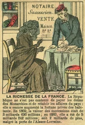 La Riche de la France, som illustrerer fordelene den tredje republikk ga franskmennene en personlig berikelse. Gravering i «Le Figaro, supplement», 30.03.1889, Paris.