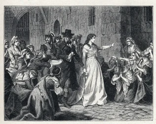 La Terreur under den franske revolusjonen: Madame Jeanne Marie Roland de la Platiere (1754-1793) forlot Concierge-fengselet for å gå for den revolusjonære domstolen i 1793. Kodene hans kneler i hans vei.