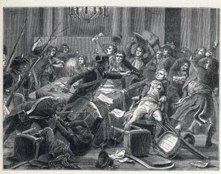 La Terreur during the French Revolution: arrest of Maximilian de Robespierre (1758-1794) and his supporters reunited at the Hotel de Ville de Paris on 9 Thermidor year II (27 July 1794). In the centre, a gendarme fired a pistol at Robespierre (1758-1794). 