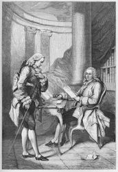 La demission de Turgot 1776 - Louis XVI (1754-1793), konge av Frankrike, og Anne Robert Jacques Turgot (1727-1781) - Turgots oppsigelse - gravering fra "" L'histoire de France tellee à mes grandenfants""" - av Francois Guizot -