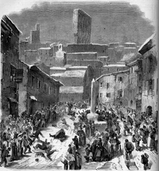 Raset i barrioter (slede) i Bourdeaux, Drome (26), vinteren 1860. Gravering i “” Le Monde Illustré”” n°149 av 18. februar 1860.