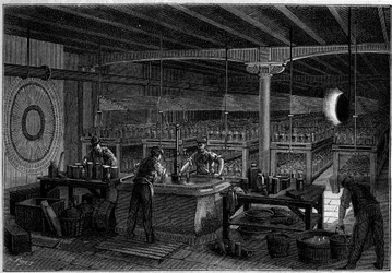 Batterirommet (overflate 400 kvadratmeter) til sentralkontoret for telegrafer i Paris. i naturen. Gjennomgang av vitenskap og dens anvendelser på kunst og industri. 1884.