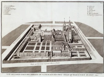 Klosteret Saint Germain før 1640 - i "" History of the abbey of St Germain des Pres"" av Dom Jacques Bouillart, red. Dupuis, Paris