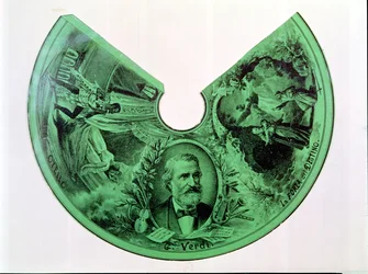 Lampeskjerm dekorert med et portrett av Giuseppe Verdi (1813-1901) og scener fra Othello og The Force of Destiny (gravering på papir)