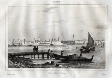 Landing stage of Lido of Venice - Engraving from “” Picturesque Italy”” by M. de Norvins, Ch. Nodier 1834-1836.
