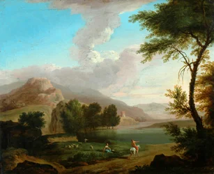 Landskap med figurer ved en innsjø