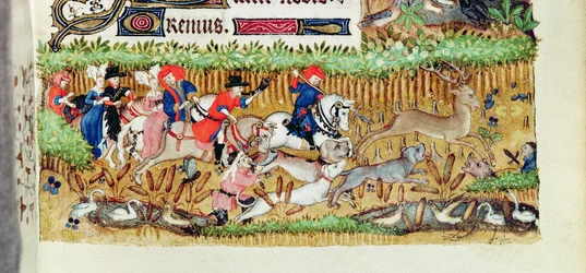 Lat 1156 B f.163 november; hjortejakt, fra Hours of Marguerite dOrleans, 1426-38
