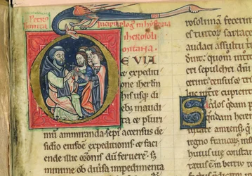 Lat 5128 f.1 Peter Eremitten deler ut kors, fra #39;Jerusalems historie...#39; av munken Robert (vellum)