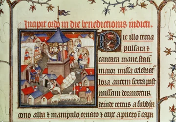 Lat 962 f.264 Miniatyr av en biskop som velsigner den årlige messen eller markedet som ble holdt i to uker i juni på slettene til St. Denis, fra et pontifical, 1301-1400