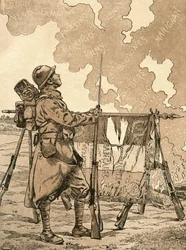 Le Bleuet. Symbol på minne og solidaritet i Frankrike, for veteraner og ofre fra første verdenskrig. Fransk propagandaillustrasjon fra 1. verdenskrig som fremkaller franske seire gjennom tidene. Fra Agenda Buvard du Bon Marche publisert 1917.