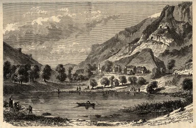 Le Lauzet-Ubaye - Le lac du Lauzet - kommune i avdelingen Alpes-de-Haute-Provence i det sørøstlige Frankrike - gravering i "" PATRIE"" - PECTUREQUIREQUE BESKRIVELSE AV FRANKRIKE I 6 BIND AV LUCIEN HUARD - slutten av 1800-tallet