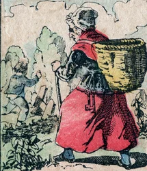 Le Pere Fouettard, fransk karakter for den piskede faren, legendarisk folklorefigur som straffer de slemme barna: hans kone, La Mere Fouettard, den piskede moren som forfølger barna som hopper over skolen - Epinalt bilde