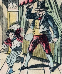 Le Pere Fouettards legendariske karakter av folklore, straffer ukloke barn med pisken sin, og omslutter ulydige barn, bilde av Epinal