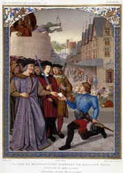 Sire de Rochechouart mottar en kongelig budbringer. etter Fouquet, i "The Chroniclers of the History of France fra opprinnelsen til 1500-tallet" av Mme de Witt, Paris