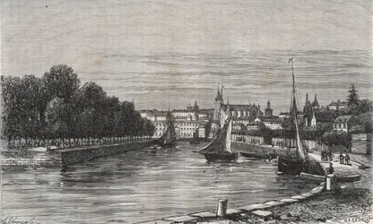 Le port de Vannes (Morbihan, Frankrike)// Vannes havn (Morbihan, Frankrike) - gravering i «La France illustrée: geographie, histoire, administrationstatistique» av V.-A. Malt brun. 1884