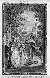 Kjærlighetens første kyss. Illustrasjon til «Julie eller Den nye Héloïse» av Jean-Jacques Rousseau (1712-1788), utgave fra 1769