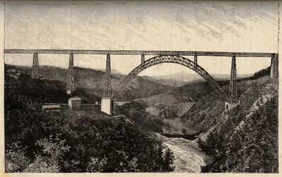 Garabit-viadukten - Cantal - Auvergne-Rhône-Alpes - gravering i "" PATRIE" - PACUREQUIREQUE BESKRIVELSE AV FRANKRIKE I 6 BIND AV LUCIEN HUARD - slutten av 1800-tallet