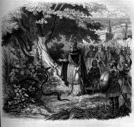 Legenden om Karl den store og slangen: keiseren foran reiret til slangen okkupert av en padde. Gravering fra 1852.