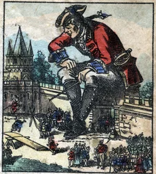 Lemuel Gulliver som sitter på byens festningsmur forklarer strategien for den lilliputiske hæren. Illustrasjon for "" Gulliver