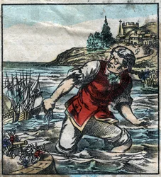 Lemuel Gullliver avfyrte skipene fra Blefuscu-hæren til hovedstaden Lilliput. Illustrasjon for "" Gulliver